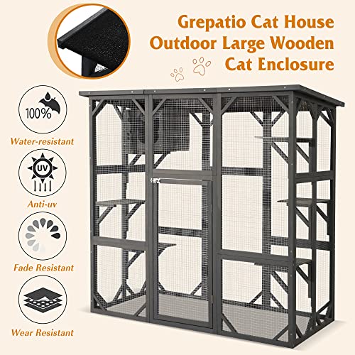 Grepatio Cat Enclosure Large Outdoor Catio Wooden Cat House with Weatherproof, Cat Cage Condo Indoor Playpen with Platform and Small House (Grey) - Thumbnail 3