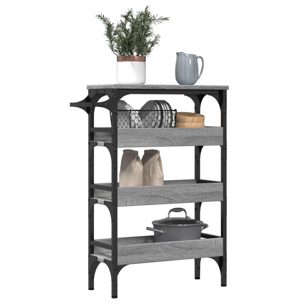 Carrello da cucina grigio Sonoma con telaio in acciaio, 53 x 20 x 76 cm, in legno, carrello da portata con 4 ruote e portasciugamani, carrello con vano portaoggetti, scaffale, ripiano per