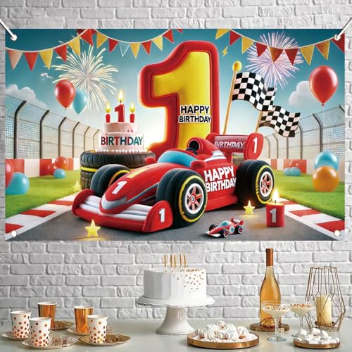 Image of Racing Car Birthday Backdrop Banner - High-Speed Racing Car Party Decoration, Photo Booth Background, Motorsport-Themed Birthday Celebration, 71x43 Inch Party Decoration