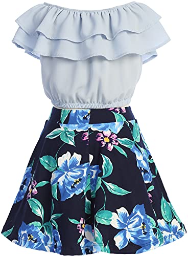 Image of Cold Shoulder Crop Top Ruffle Layered Top Flower Girl Skirt Sets for Girl