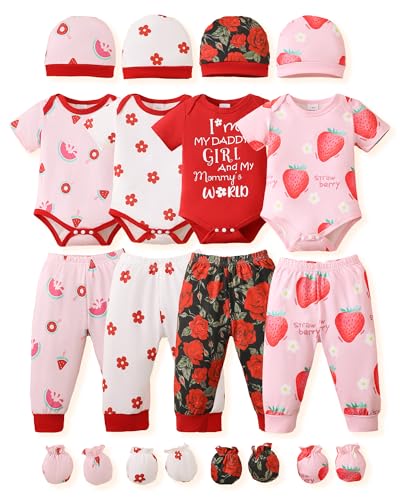 NZRVAWS Newborn Baby Boy Girl Clothes Unisex Infant Romper Pants Set Hat 4-Pack Outfits 0-12 Months 16 Pieces Toddler