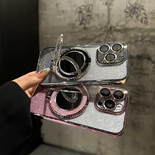 Capa espelhada com glitter e gradiente para iPhone 15, 14, 13, 11, 12, 16, 17 Pro Max Air XR XS 16 Plus, suporte e capa de maquiagem (para iPhone 17 Pro/rosa)