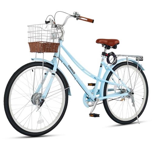 VIRIBUS Beach Cruiser Bike for Women, Step Through Bike with Ratten Basket, Rack & Lock, 24 inch 1 Speed, City Commuter Cruiser Bike, Adult Bicycle for Short Ladies Female Seniors 330 lb. Blue