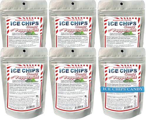 ICE CHIPS Xylitol Candy Mints 6 Pack, 2 oz Each, Peppermint, Includes Band