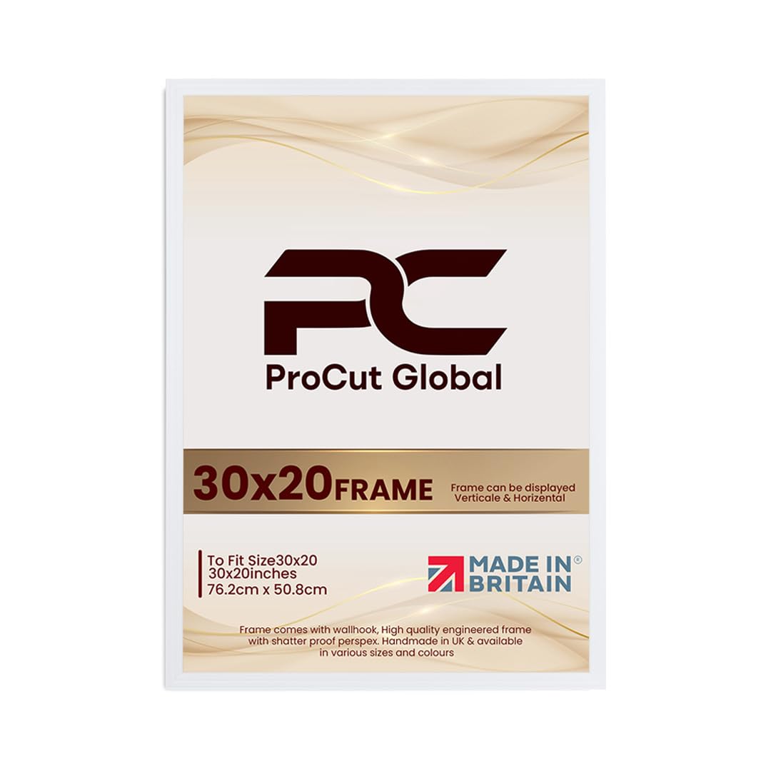 Procut Global 30x20 White Picture Frames - Classic Wooden Photo Frame with Shatterproof Perspex for Wall or Tabletop - Perfect for Posters, Certificates & Prints - Sizes & Colors Available
