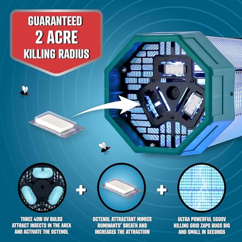 Flowtron Electric Bug Zapper 2 Acres Outdoor Insect Control with Dual Lure Method, 120W UV Light & Octenol Attractant for Fly & Mosquito, 5600V Kill Grid, Made in USA