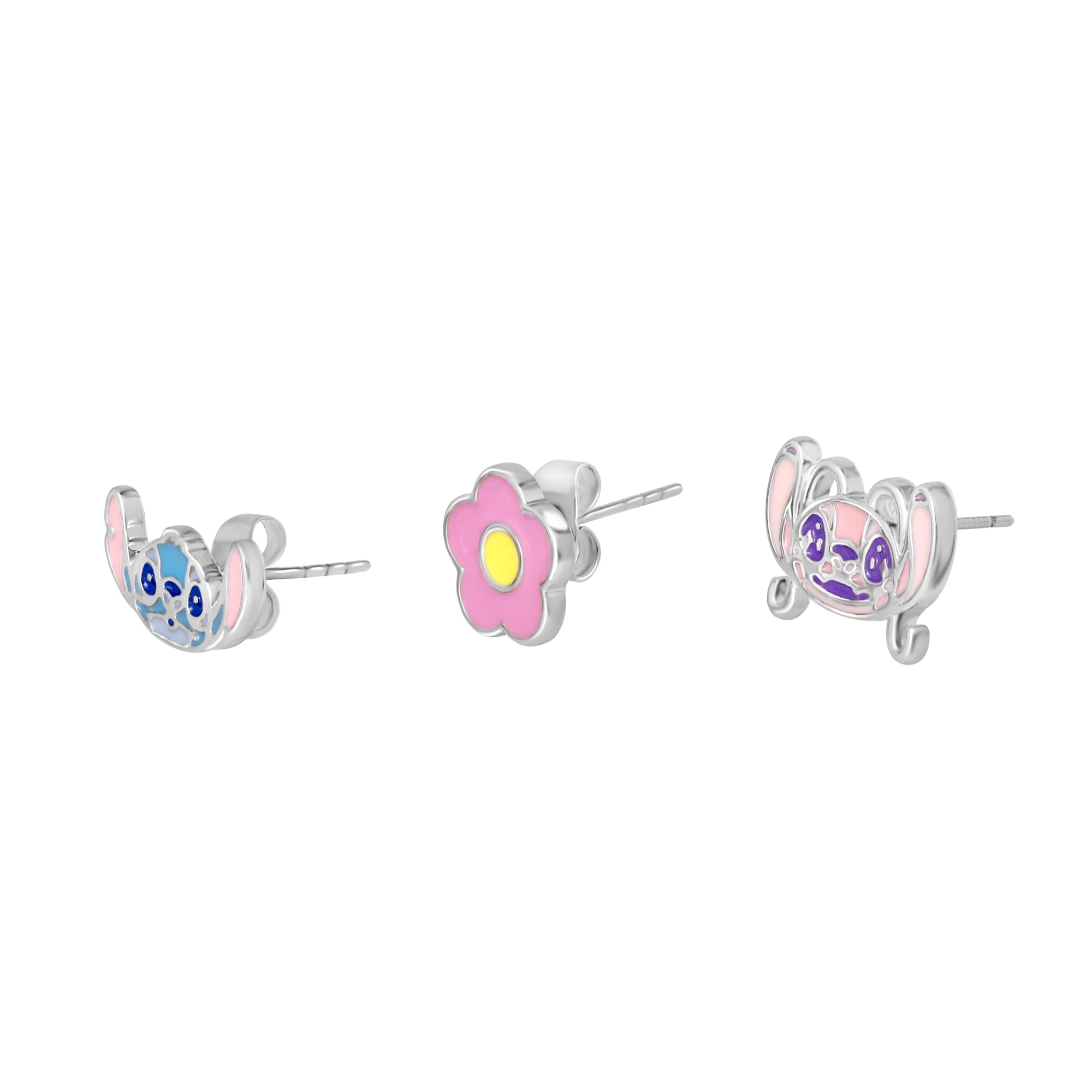 Disney Stitch Coffret 3 Boucles d'Oreilles Stitch, Angel et Fleur, en Laiton et Émail Coloré, pour Femme et Fille, Prêt à Offrir, Bijoux Officiels Disney