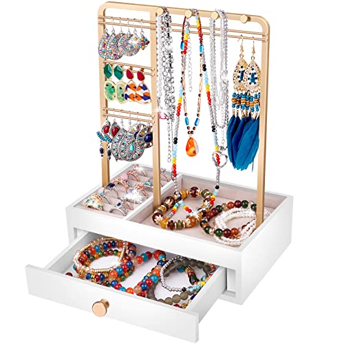 Teamkio Présentoir à bijoux 2 en 1 Support de boucles d'oreilles avec tiroir, support à chaînes, boîte à bijoux blanche pour colliers, bagues, bracelets, boucles d'oreilles, montres, cadeau pour femme Cover