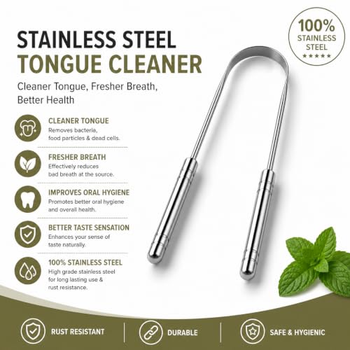 Image of Tongue Cleaner for Adults | Stainless Steel | Rust Free Tongue Scraper | Removes bad breath | Ideal for oral hygiene | Carefully designed | U-shaped (1)