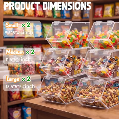 Fiwochic 2 Sets/6 Pcs Stackable Candy Bins with Hinged Lid Small Medium Large Clear Acrylic Storage Bins Stackable Pantry Storage Caddy for Cereal Nuts Candies Snack Ice Cream Toppings, Wrapped Snacks - Image 2