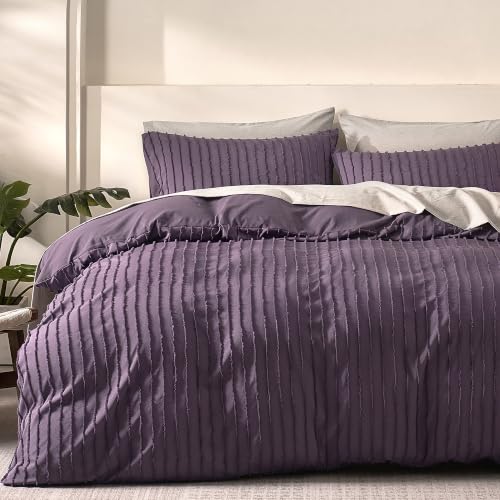 JELLYMONI Iris Purple Striped Tufted Duvet Cover Set Queen Size