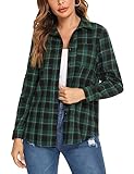 Irevial Damen Kariertes Hemd Bluse Langarm Klassisch Karohemd Button-down Hemdbluse Baumwolle Tops für Alltag und Oktoberfest,Grün+schwarz,S