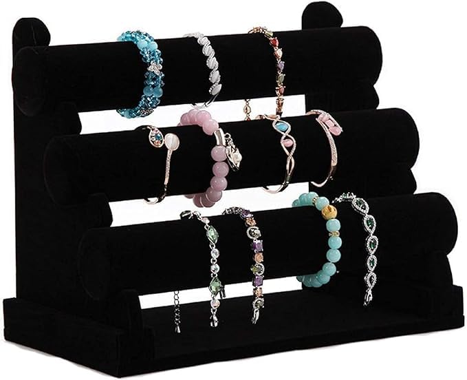Image of Velvet 3 Roll Velvet Black Finished Wooden Jewellery Display Stand