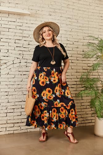 Image of IN'VOLAND Women Plus Size Short Sleeve Dress Loose Plain Casual Summer Flowy Tiered Long Maxi Dresses with Pockets
