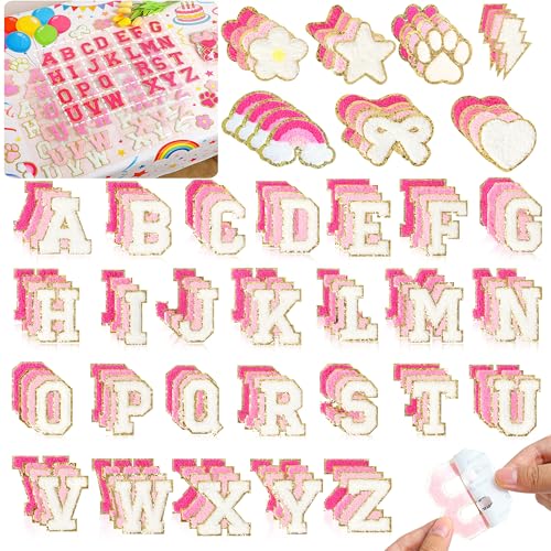 NICEVINYL Self Adhesive Chenille Patches132PCS Pink Pre-Sort Varsity Letter Patch for DIY Initial Bags Backpacks Hats - Heart Star Bowknot Cute Patch Stickers for Birthday Party Gifts Craft