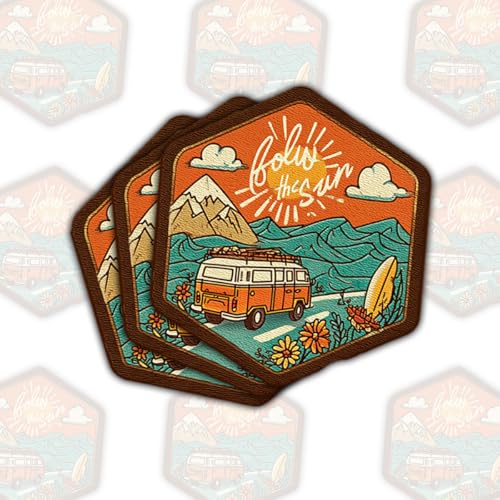 3 calcomanías de vinilo con texto en inglés 'Follow The Sun' con tabla de surf, montañas y flores para laptop, botella de agua, coche, álbum de recortes, aventuras al aire libre y amantes de los
