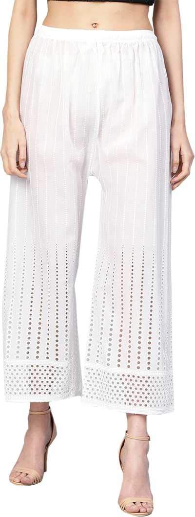 TNQPalazzo Pants for Women White Plazo for Womens Pure Cotton Full Chikan (Free Size Waist - 28 to 36 inches)