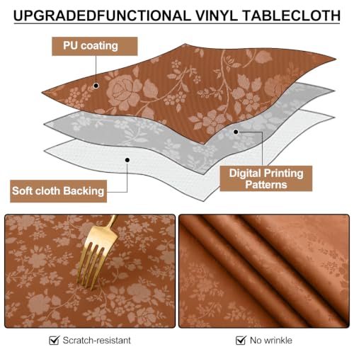 Image of Smiry Rectangle Waterproof Heavy Duty Vinyl Tablecloths, 52 x 70 Inch | Wipeable Washable Floral Embossed Table Cover for Kitchen and Dining Room, Indoor & Outdoor Use, Caramel