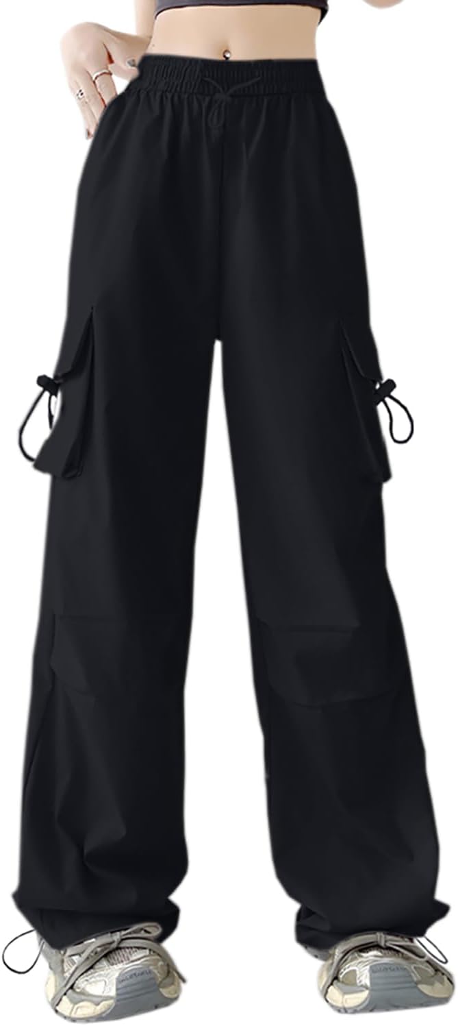 AOWKULAE Girls Cargo Pants Casual Drawstring Jogger Sportswear Parachute Pants