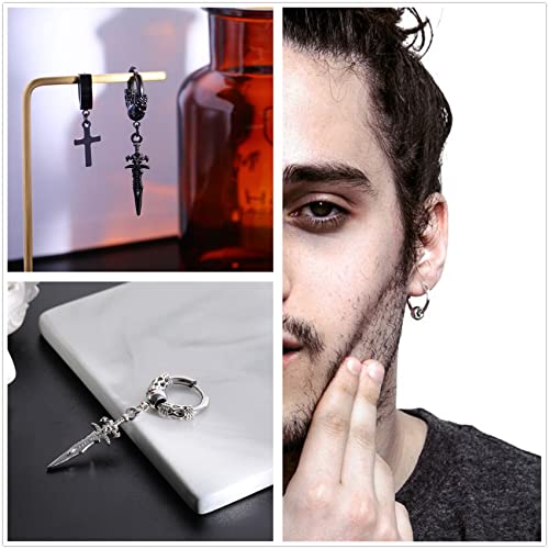 Honsny Black Dangle Mens Earrings, 24 Pcs Surgical Stainless Steel Punk Silver Cross Earrings For Men Women Huggie Hoop Long Chain Piercing Feather Stud Men Boys Earring Cool Black Earrings Set #TOP1