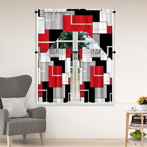 ULQUISNCE Red Tier and Swag Kitchen Window Curtain Set, 3Pcs Modern Abstract Art Geometric Gray Rod Pocket Curtains for Kitchen Window