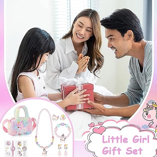 Image of SANNIDHI Unicorn Crossbody Bag with Jewelry Set for Girls, Princess Plush Handbag Purse Beads Necklace Bracelet Earrings Rings and Stickers Set