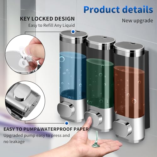 Dispenser per shampoo e balsamo, dispenser di sapone da parete a 3 camere per bagno, gel doccia e liquido per lavaggio a mano, per hotel, uffici, ristoranti