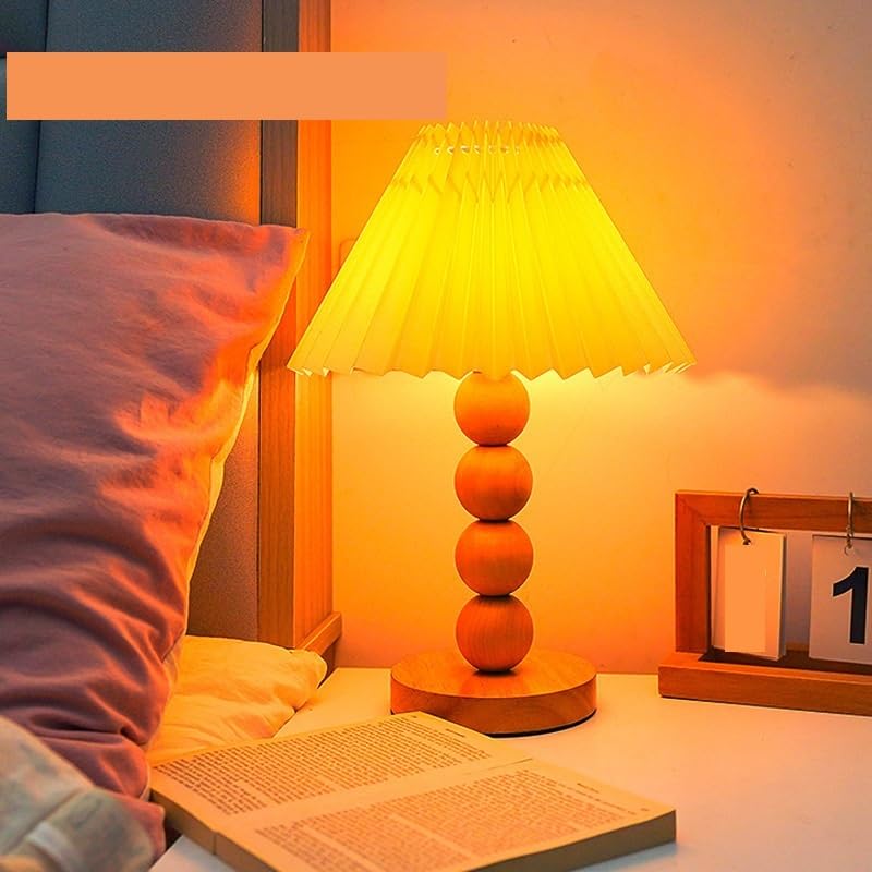 Lampka nocna Drewniana szafka nocna w stylu retro, sypialnia, abażur plisowany, mała lampa stołowa Dekoracje(Yellow)