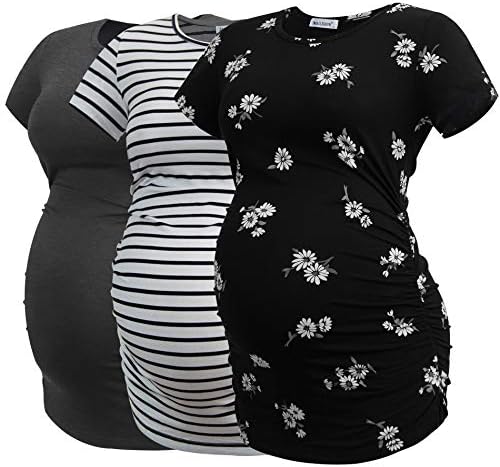 Smallshow Women's Maternity Tops Side Ruched Tunic T-Shirt Pregnancy Clothes Medium Deep Grey-SVP121-White Stripe
