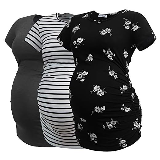Smallshow Women's Maternity Tops Side Ruched Tunic T-Shirt Pregnancy Clothes Medium Deep Grey-SVP121-White Stripe