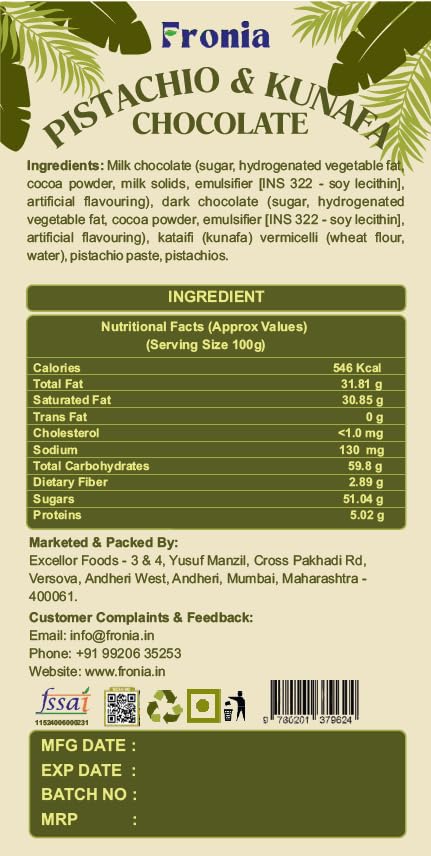 Image of FRONIA Dubai Kunafa Pistachio Chocolate Bar 100 x 4 Gm (Pack of 4) | Middle Eastern Style Chocolate with Kunafa & Pistachio Filling | Rich Dessert Chocolate for Gifting Snacking & Special Occasions