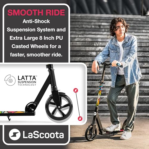 Image of LaScoota Kick Scooter for Kids Ages 6+, Teens & Adults, Large 8 inch Sturdy Urethane Wheels. Adjustable Handlebar, Lightweight, Foldable, 220lbs Max Load