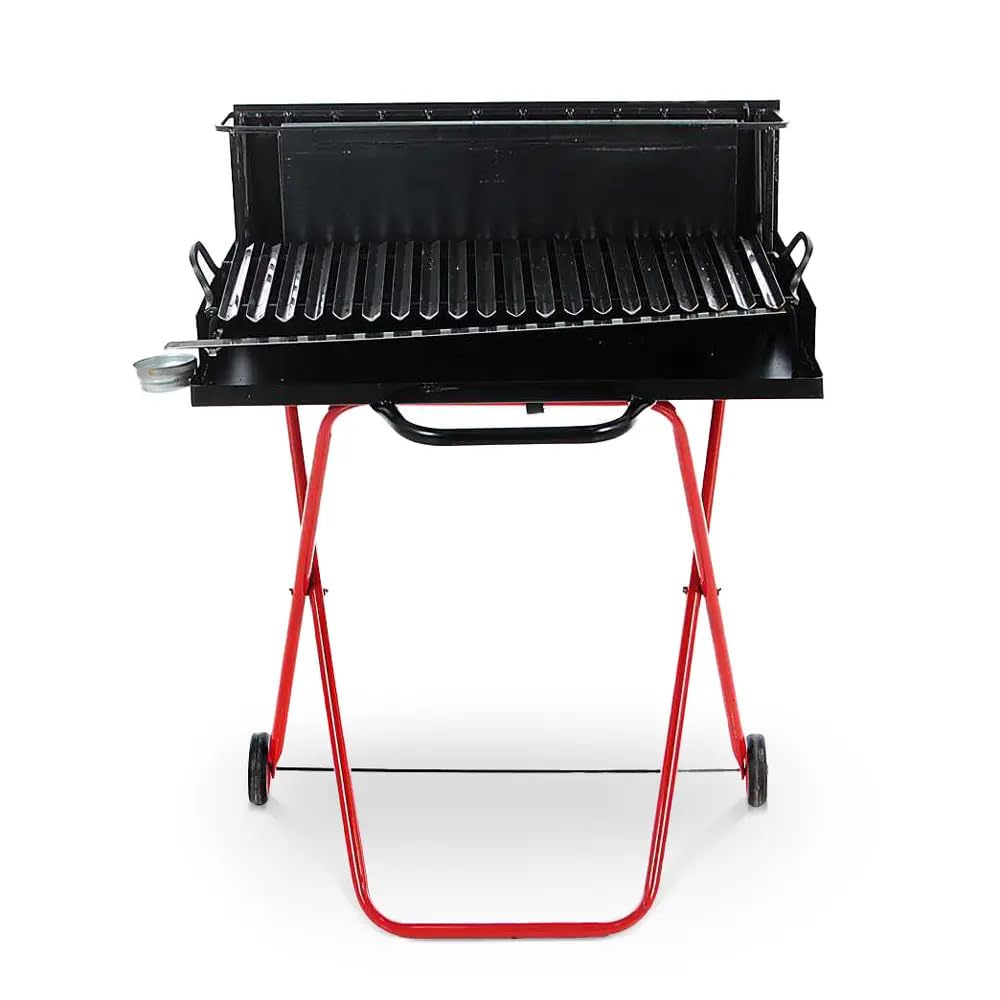 Barbecue a Legna Portatile con Griglia in Acciaio Inox, Ripiano Recupera Grassi, Pieghevole con Ruote, Made in Italy, Con tira braci e bicchiere raccogli olio OMAGGIO (Extra Large)