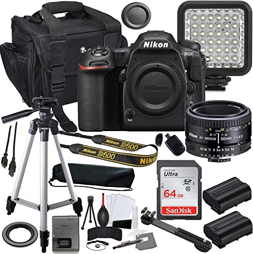 Nikon D500 DSLR Camera (1559) with 50mm f/1.8D Portrait Lens Bundle + Accessory Kit inlcuding 64GB Memory, LED Video Light, Extra Battery, Camera Case & More