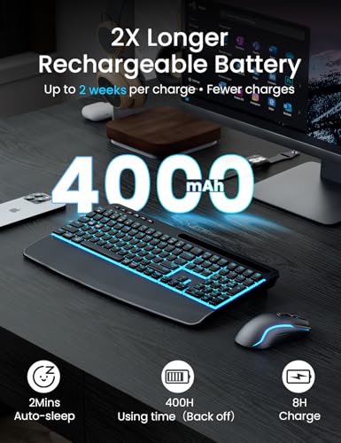 Image of SABLUTE Wireless Backlit Keyboard and Mouse Combo, Rechargeable Quiet | 4000mAh Battery, Laptop-Style Scissor Keys, Full Size Layout, Wrist Rest, Phone Holder, USB-C Adapter, PC Mac Compatible