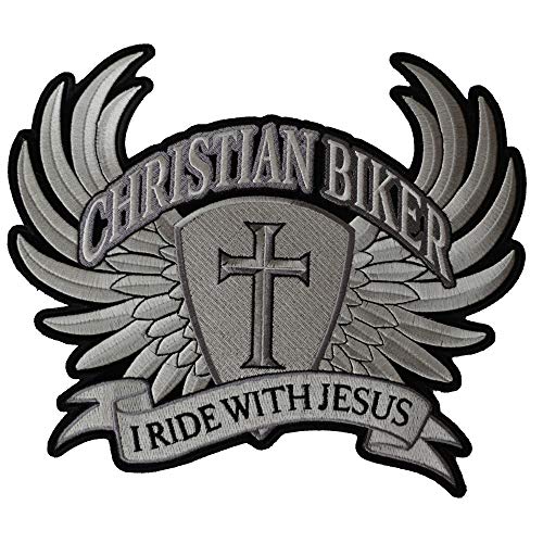 Christian Biker, I Ride with Jesus, Large Back Patch - 10x8.5 inch. Embroidered Iron on Patch