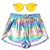 Rainbow Metallic Shorts Women High Waist Shorts Tie Dye Holographic Outfit with Glasses M