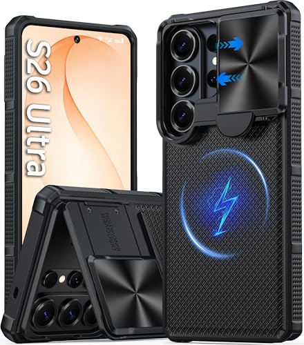Image of Magnetic for Samsung Galaxy S26 Ultra Case,[Slide Camera Cover][Kickstand][Compatible with Magsafe][Military Grade Protection] Shockproof Rugged Case for Galaxy S26 Ultra,Black