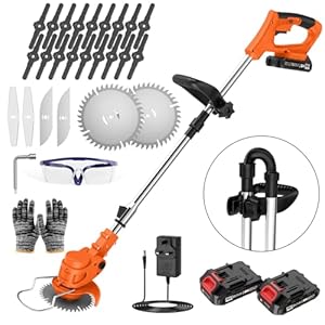 Cordless Strimmer with 2 x 21V 2000mAh Battery and 4 Blade System, Garden Strimmer with Adjustable Telescopic Shaft and Foldable Design, Grass Trimmer for Lawn, Bushes and Yard - Bright Orange