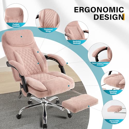Image of 6-Point Massage Office Chair with Heated, Ergonomic Office Chair with Footrest & 45Reclining High Back, Big and Tall Executive Office Chair 500LBS, Thick Cushion Desk Chair for Home Office, Pink