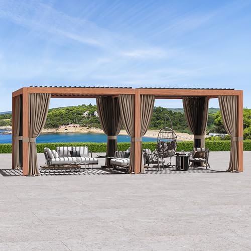 Modern Shade Aurora Louvered Pergola 10'x20' with USB Charging Port Deck, Extra Large Outdoor Pergola with Netting and Curtains, Integrated Drainage, Reinforced Frame, Easy Assembly, Wood Grain
