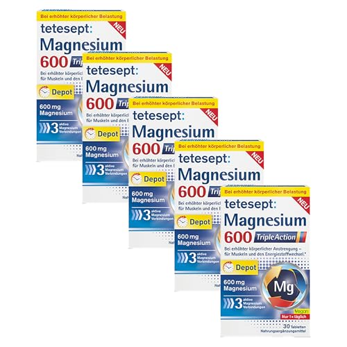 tetesept Magnesium 600 Triple Action Nahrungsergänzungsmittel mit Magnesium leicht schluckbare Tabletten für aktive normale Muskeln - vegan 5 x 30 Tabletten