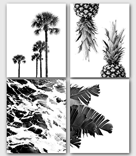 Tropical Prints, Set Of 4 Black And White Prints, Palm Tree, Pineapples, Ocean, Banana Leaves, 8 x 10 Inches, Unframed