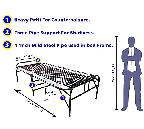 Image of Portable Single Painted Bed | 72x36 Inches | 1 Year Warranty | Synthetic Stripe | Strong Iron Steel Metal Frame Pipe | Easily Storable (Classic, Black)