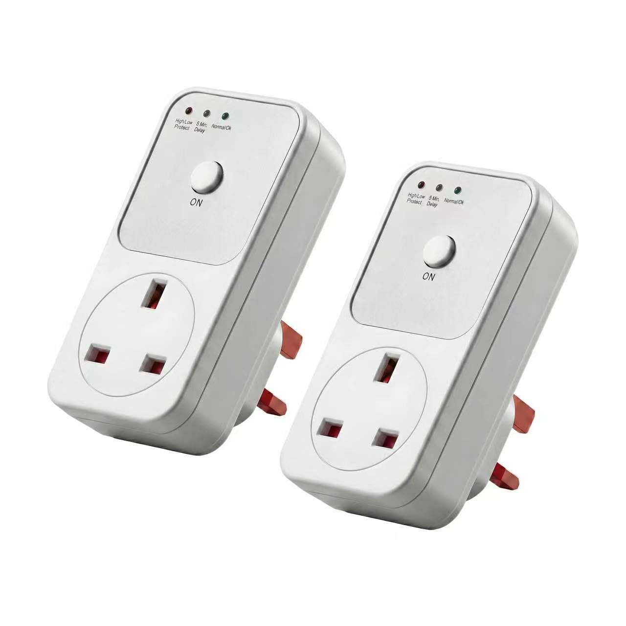 2-Pack 13A UK Voltage Protector 220V Surge Shield Auto Power Stabilizer, Over Under AC Adapter for Home RV Appliance | Electric Shock Protection Wall & Fridge Plug Socket Safe Smart Digital Switch