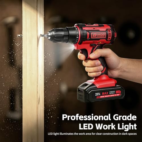 Image of Cordless Drill Set,20V Drill Driver with Battery and Charger,3 /8-Inch Keyless Chuck, Variable Speed,with Drills Bits Set,Red