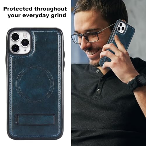 Coque iPhone 15 Pro en cuir rétro bleu avec MagSafe et support intégré