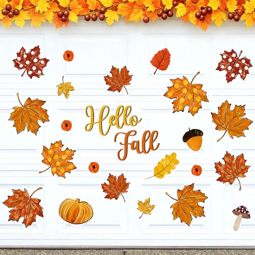 FYSUIMU 24 Pcs Fall Leaves Garage Magnets Decoration Maple Leaf Pumpkin Garage Door Decals Hello Autumn Magnetic Refrigerator Stickers for Thanksgiving Harvest Party Home