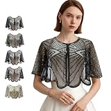 Vintage Lace Beaded Shawl, Soft Mesh Fringe Wraps, Sequin Chiffon Lace Cape for Evening Dress, Party, Wedding, Events (Black)