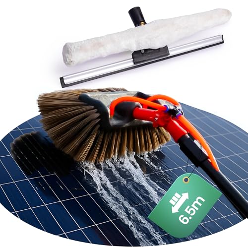 Hortensus Spazzola Lavaggio con Asta Telescopico – Spazzola Telescopica con Collegamento all’Acqua per Pannelli Fotovoltaici e Solari, Finistre, Auto, Tetti, Serre e Facciate Pulizia (6,5 m)